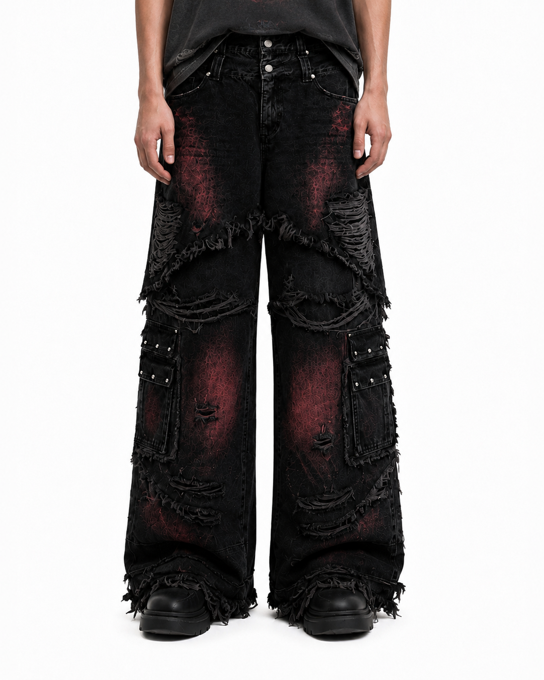 GRYFT Gradient Red Frayed Cargo Wide Leg Denim Pants