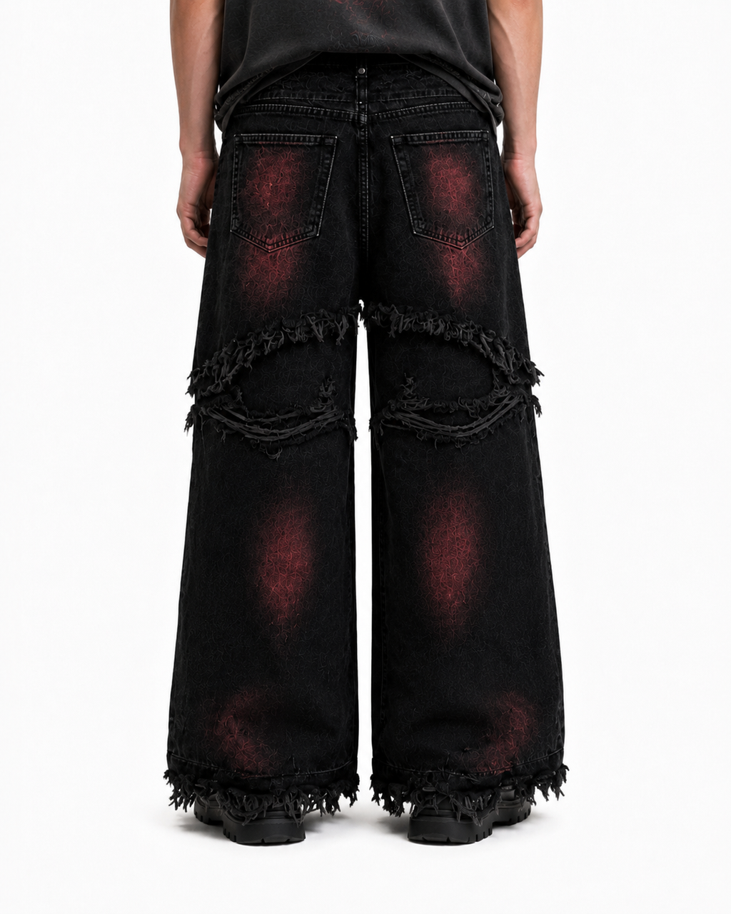GRYFT Gradient Red Frayed Cargo Wide Leg Denim Pants