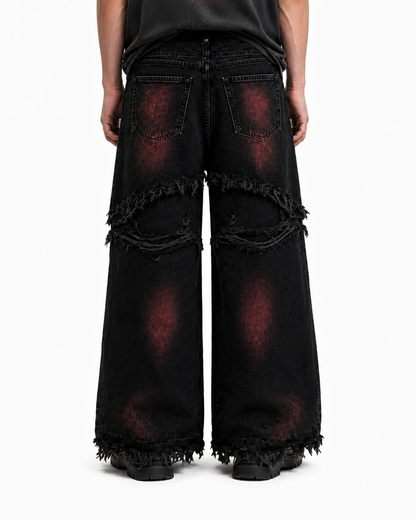 GRYFT Gradient Red Frayed Cargo Wide Leg Denim Pants