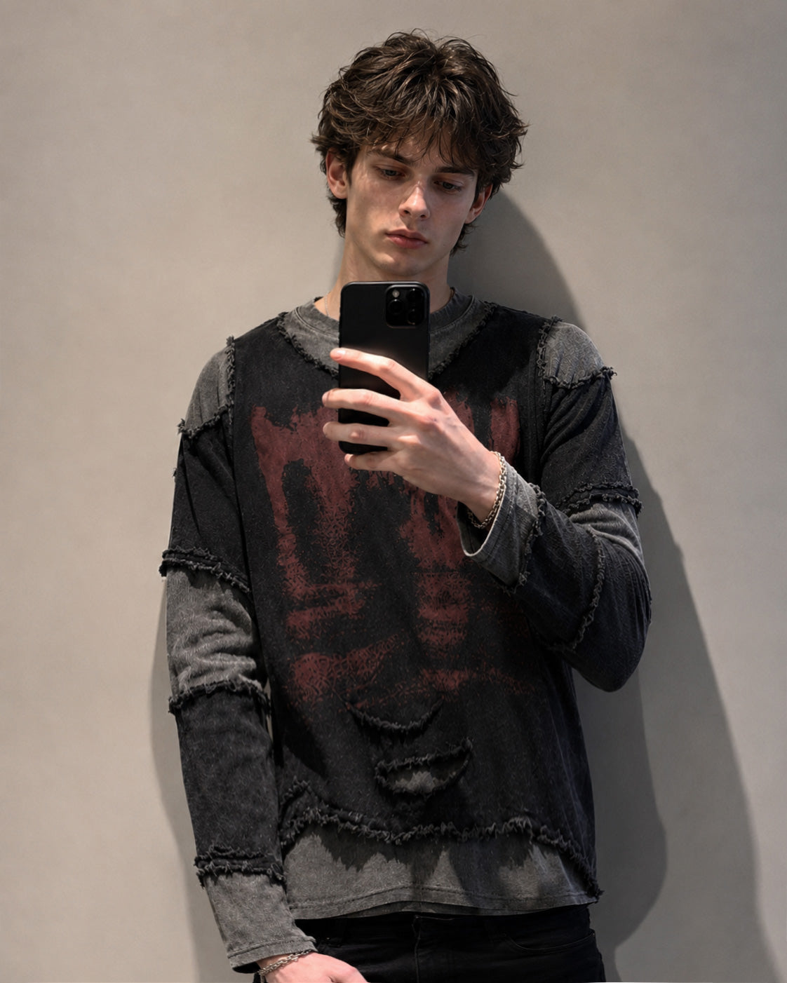 GRYFT Two-Tone Raw Edge Patchwork Layered Long Sleeve Tee
