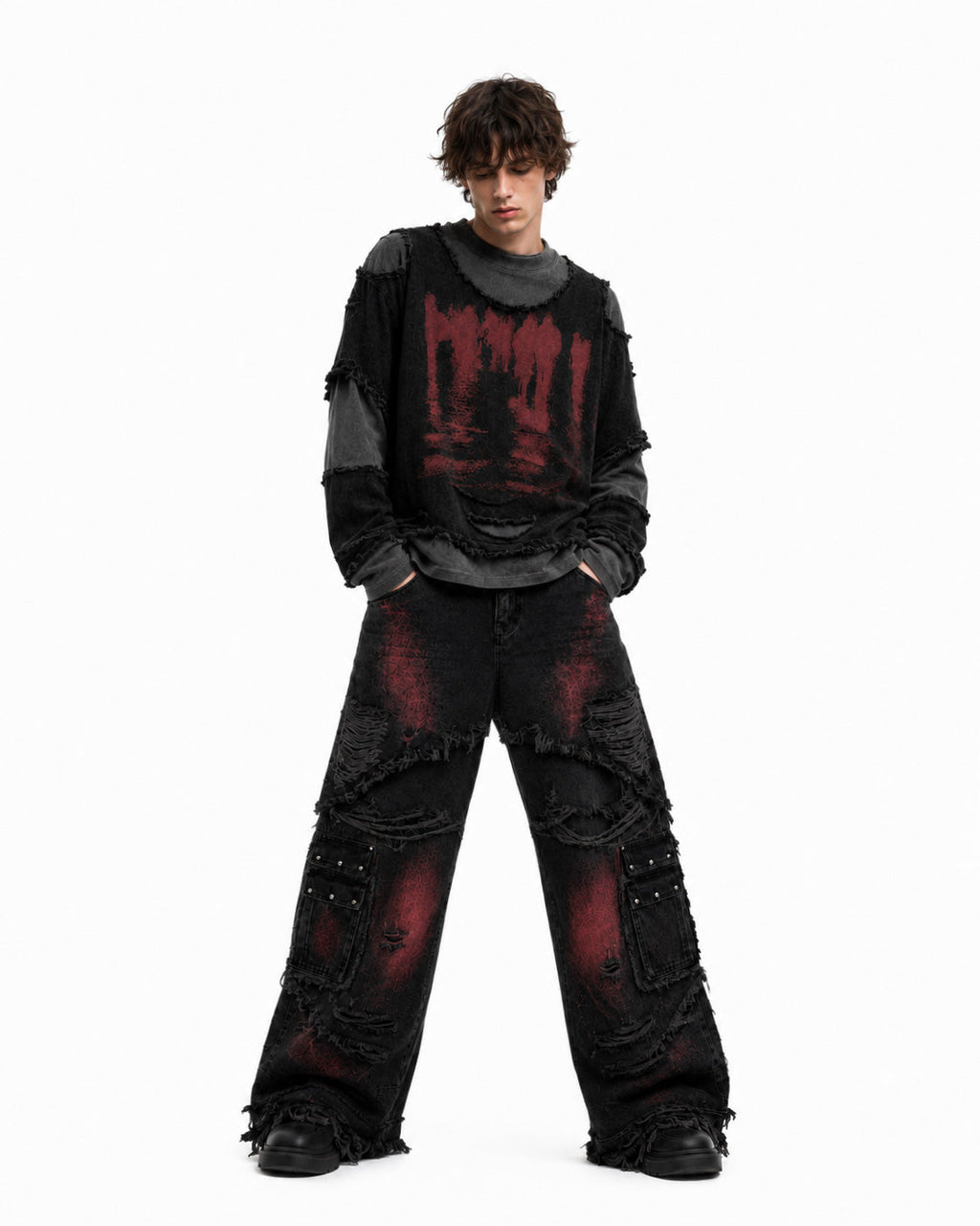 GRYFT Two-Tone Raw Edge Patchwork Layered Long Sleeve Tee