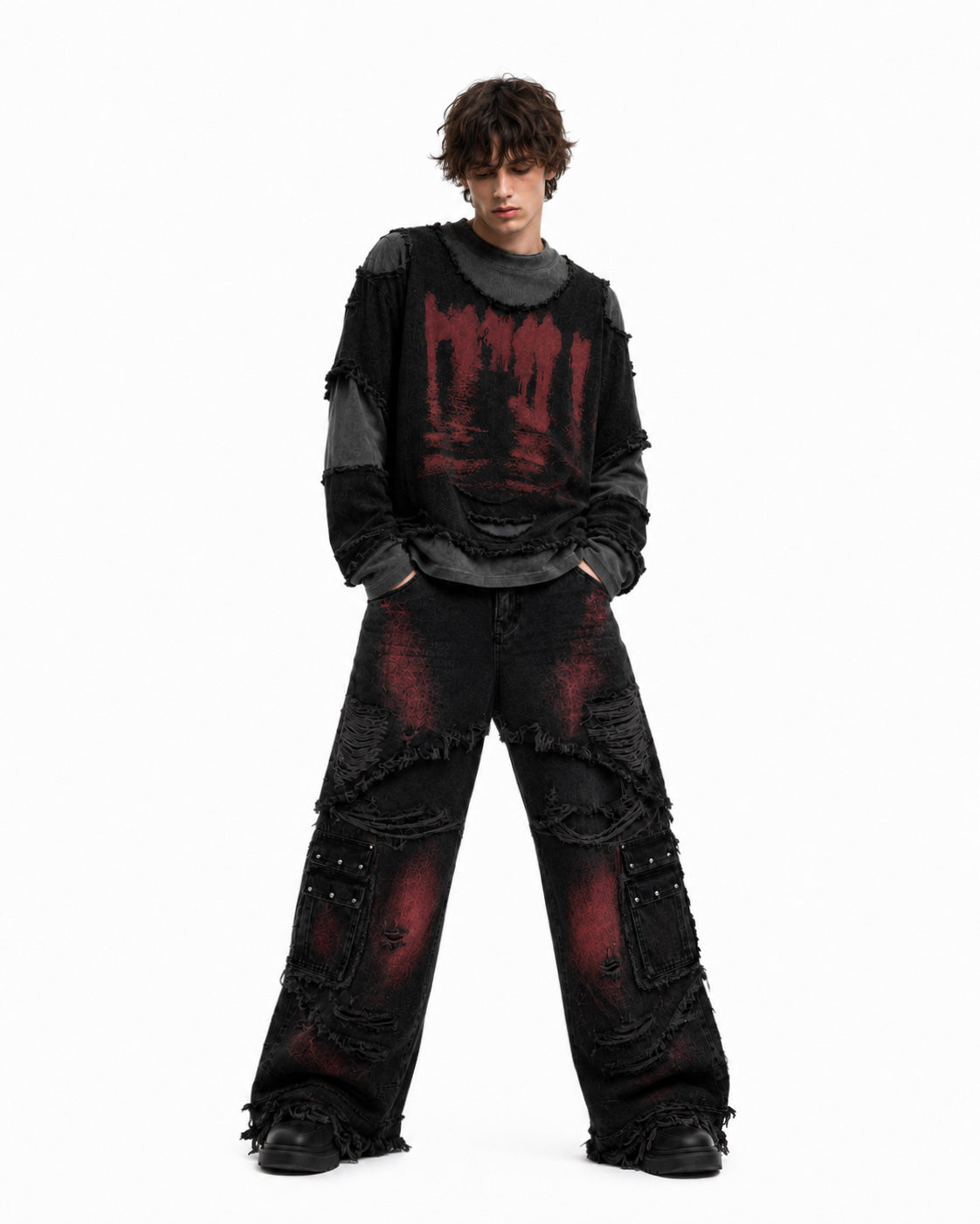 GRYFT Two-Tone Raw Edge Patchwork Layered Long Sleeve Tee