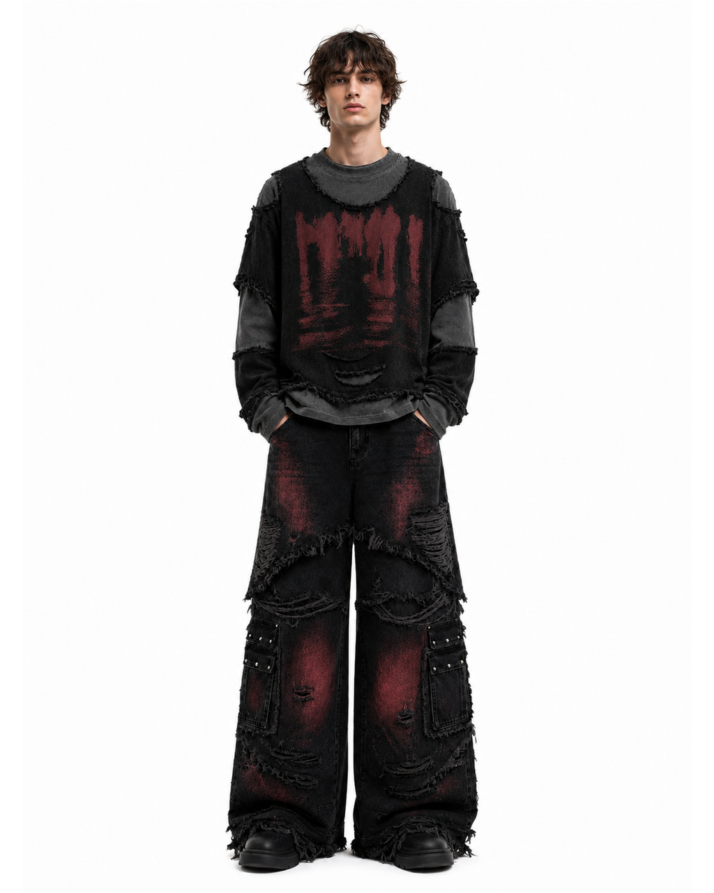 GRYFT Gradient Red Frayed Cargo Wide Leg Denim Pants