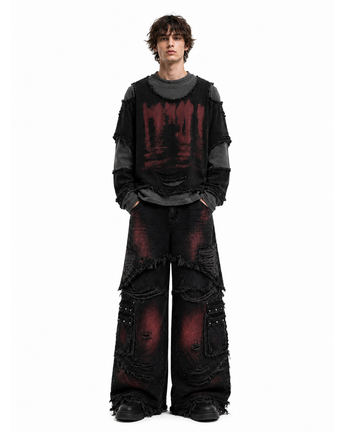 GRYFT Gradient Red Frayed Cargo Wide Leg Denim Pants