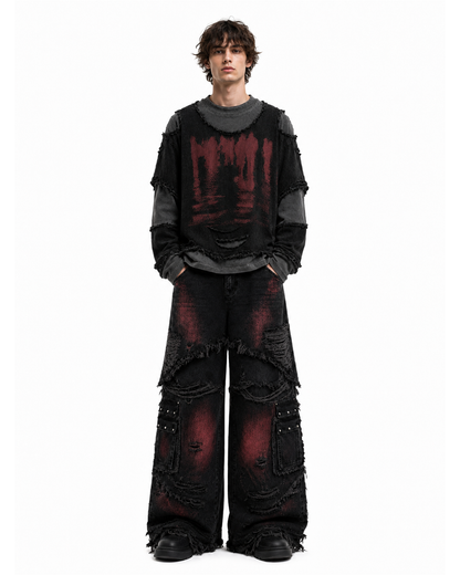 GRYFT Two-Tone Raw Edge Patchwork Layered Long Sleeve Tee