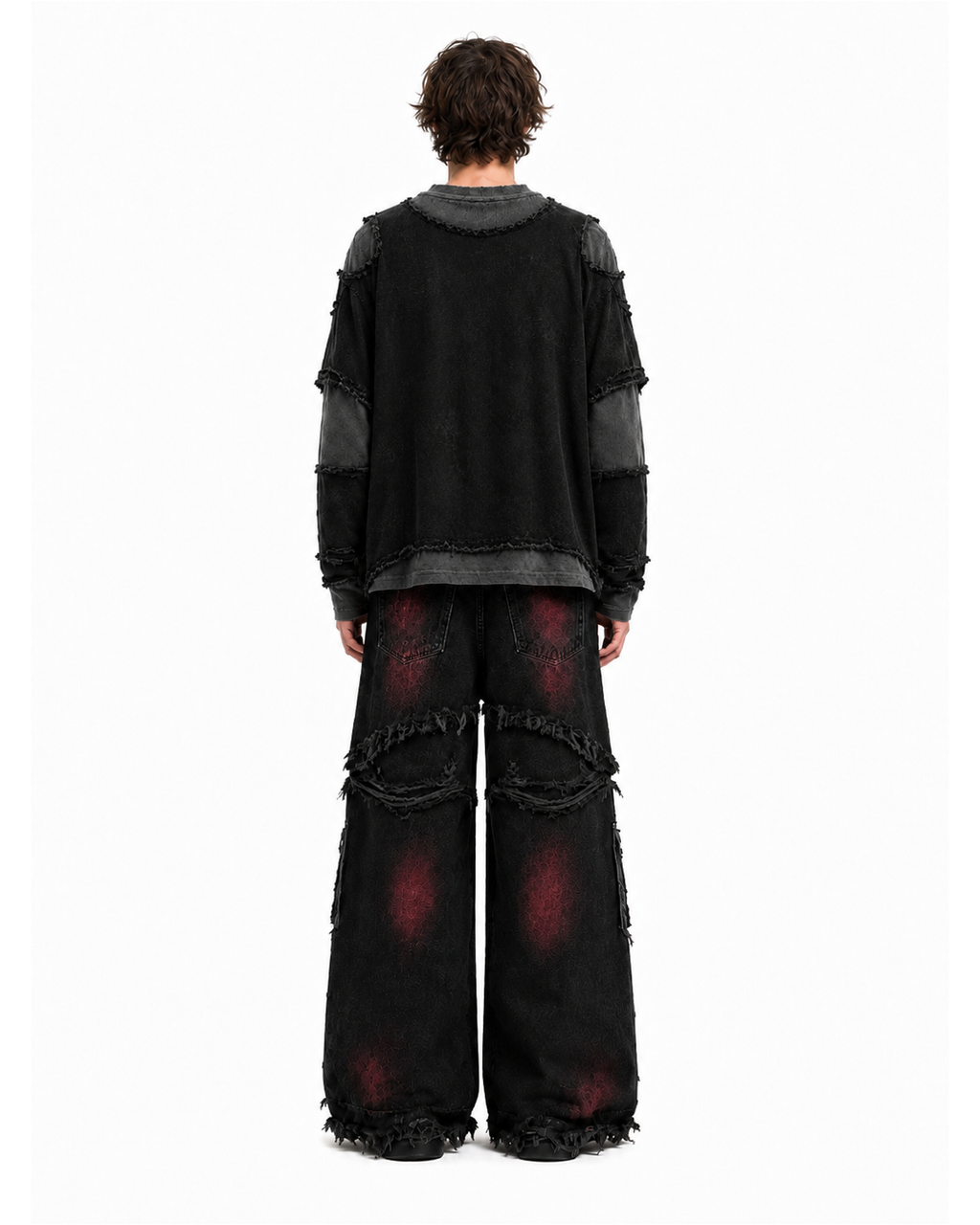 GRYFT Gradient Red Frayed Cargo Wide Leg Denim Pants