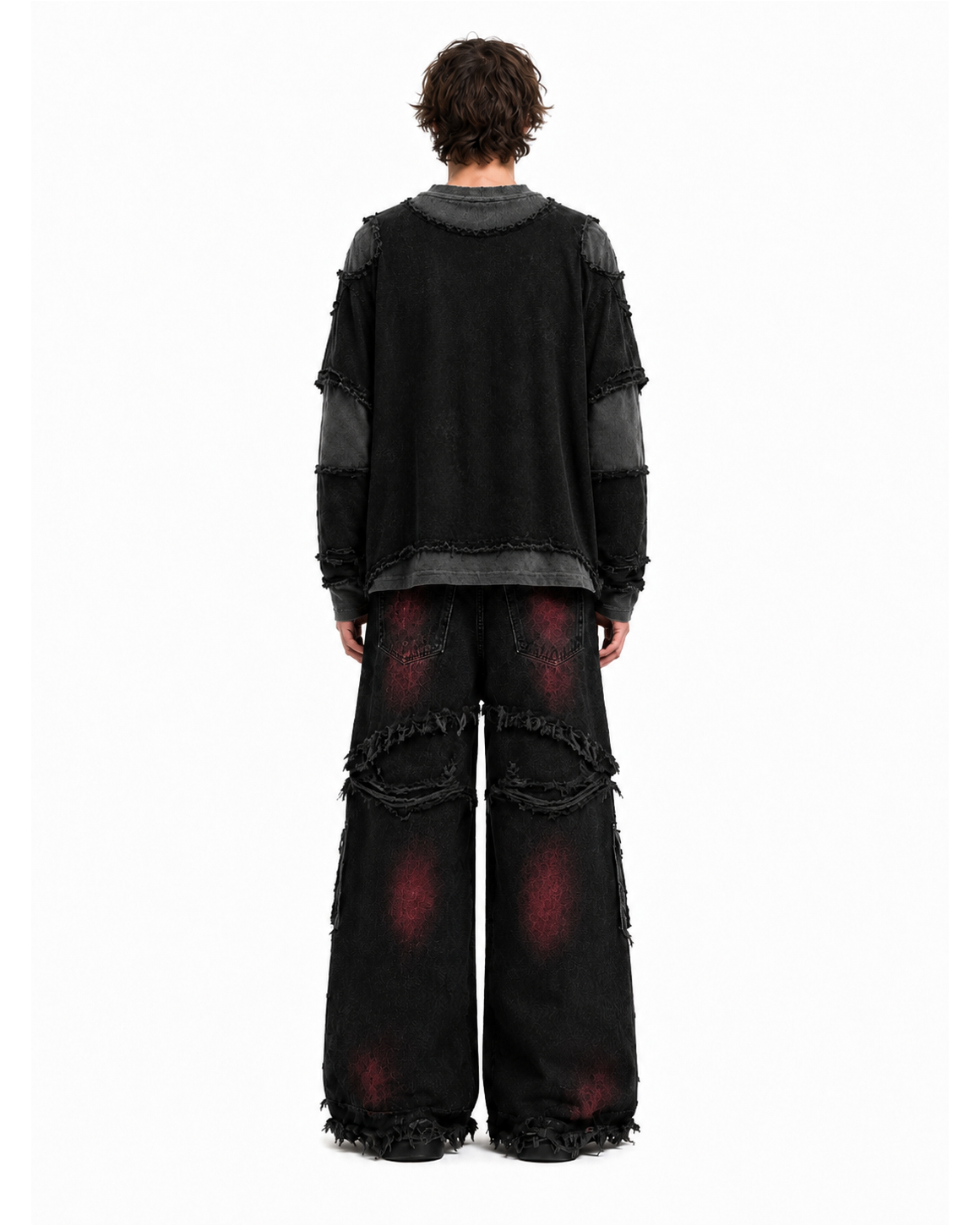 GRYFT Gradient Red Frayed Cargo Wide Leg Denim Pants
