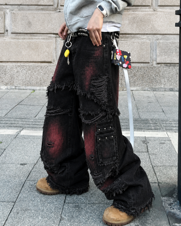 GRYFT Gradient Red Frayed Cargo Wide Leg Denim Pants