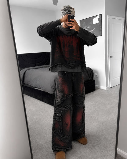 GRYFT Two-Tone Raw Edge Patchwork Layered Long Sleeve Tee