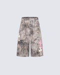 Retro Graphic Spiked Detail Denim Shorts