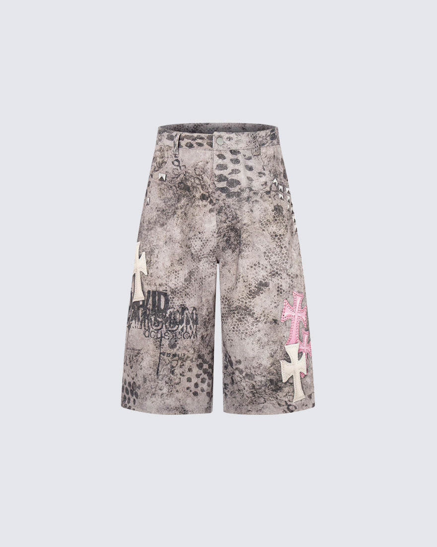 Retro Graphic Spiked Detail Denim Shorts