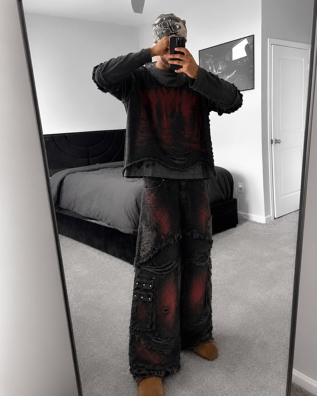 GRYFT Gradient Red Frayed Cargo Wide Leg Denim Pants