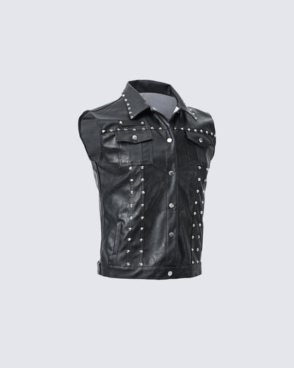 Collared Punk Vest With Rivets Motorbike Style
