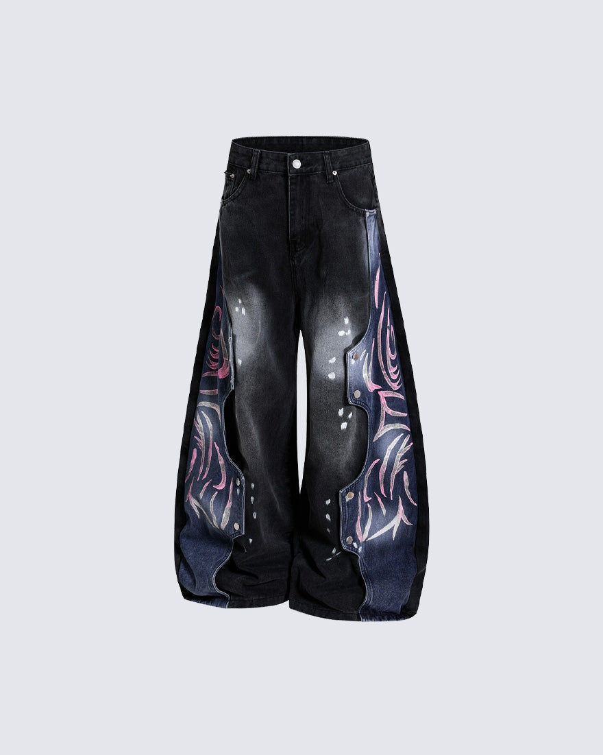 Street-Style Hand-Painted Graffiti Color-Blocked Jeans