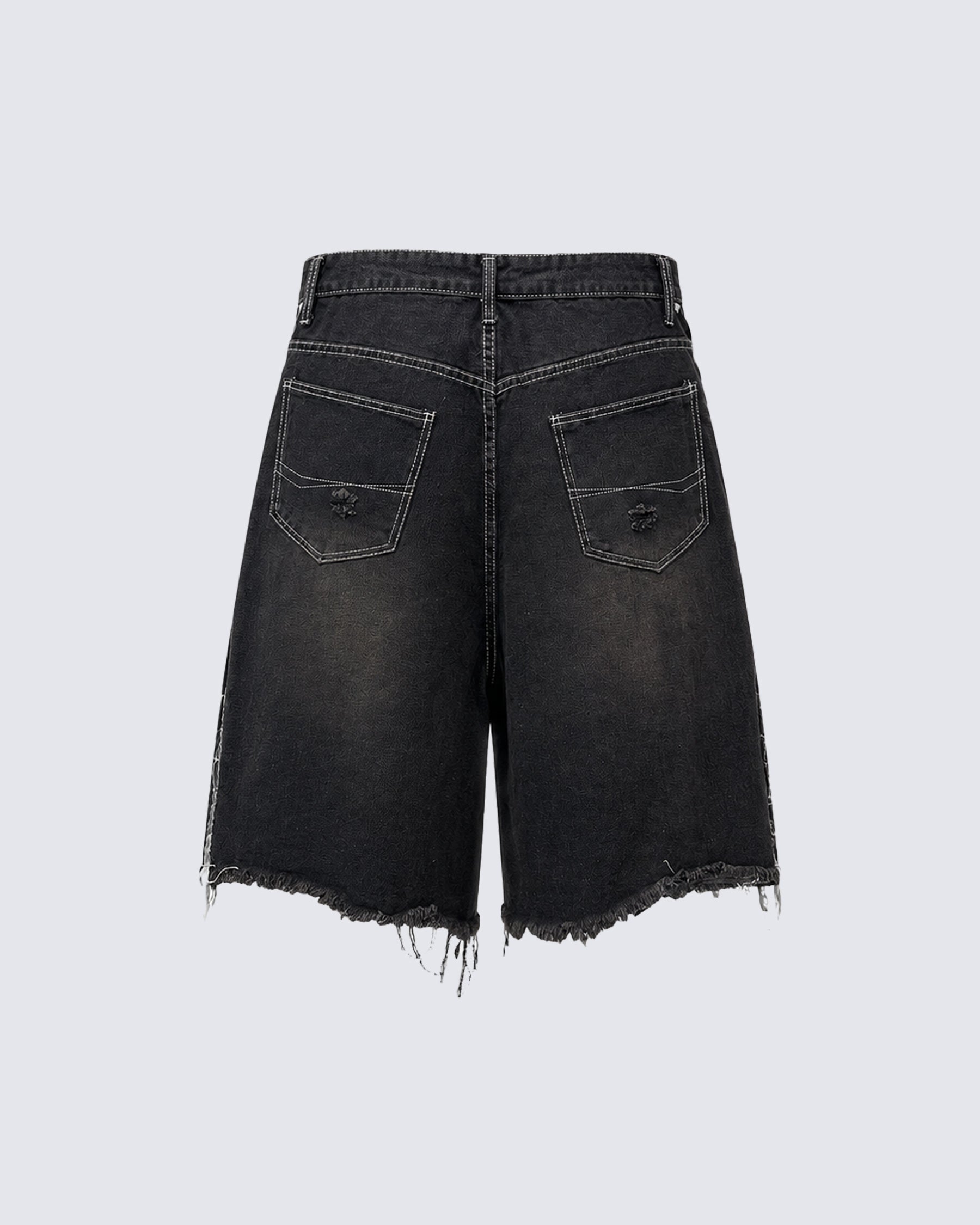 Distressed Gothic Graphic Denim Shorts（ Belt included )