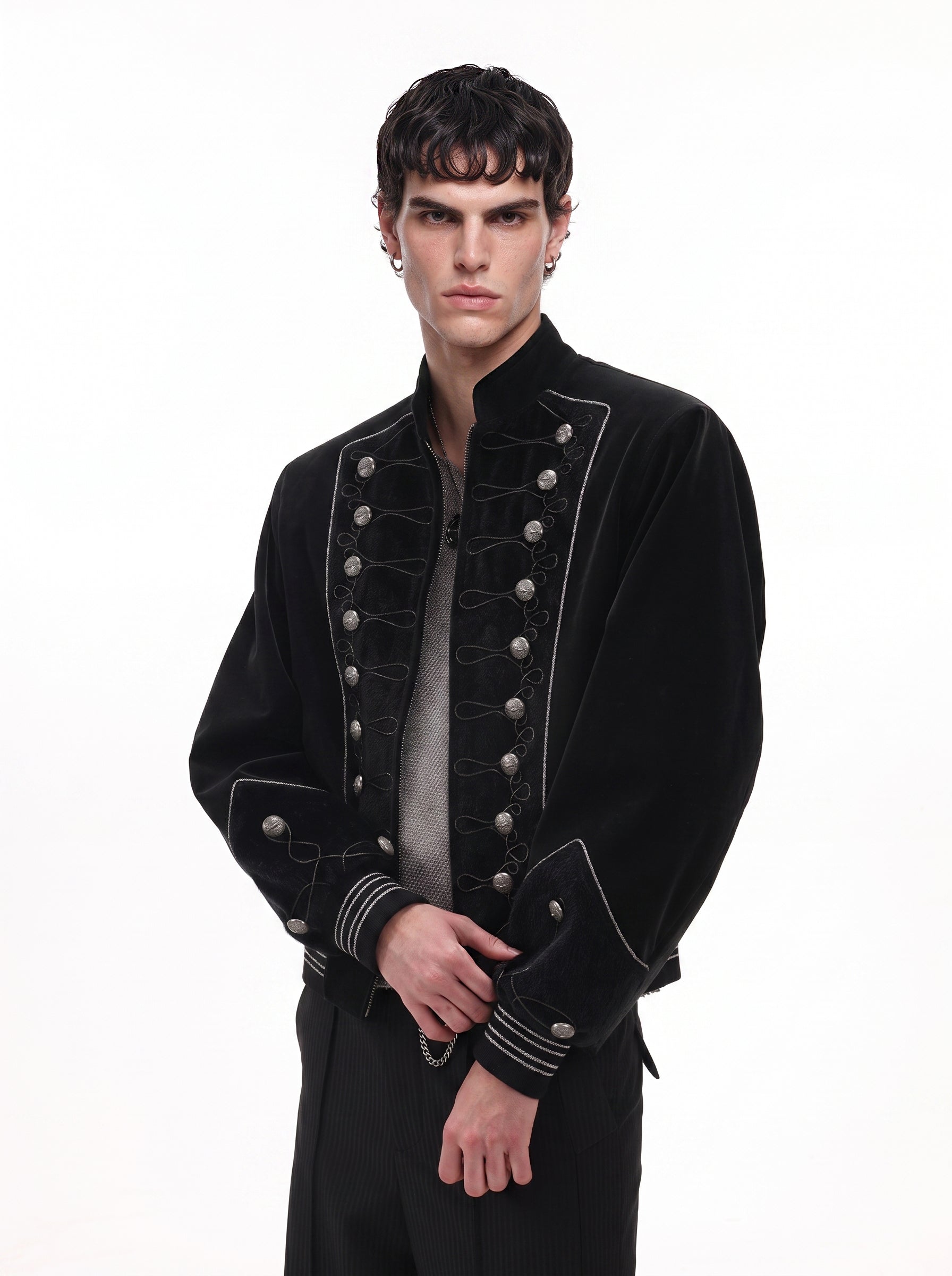 GRYFT Vintage Dark Palace Braided Silver‑Button Bomber Jacket