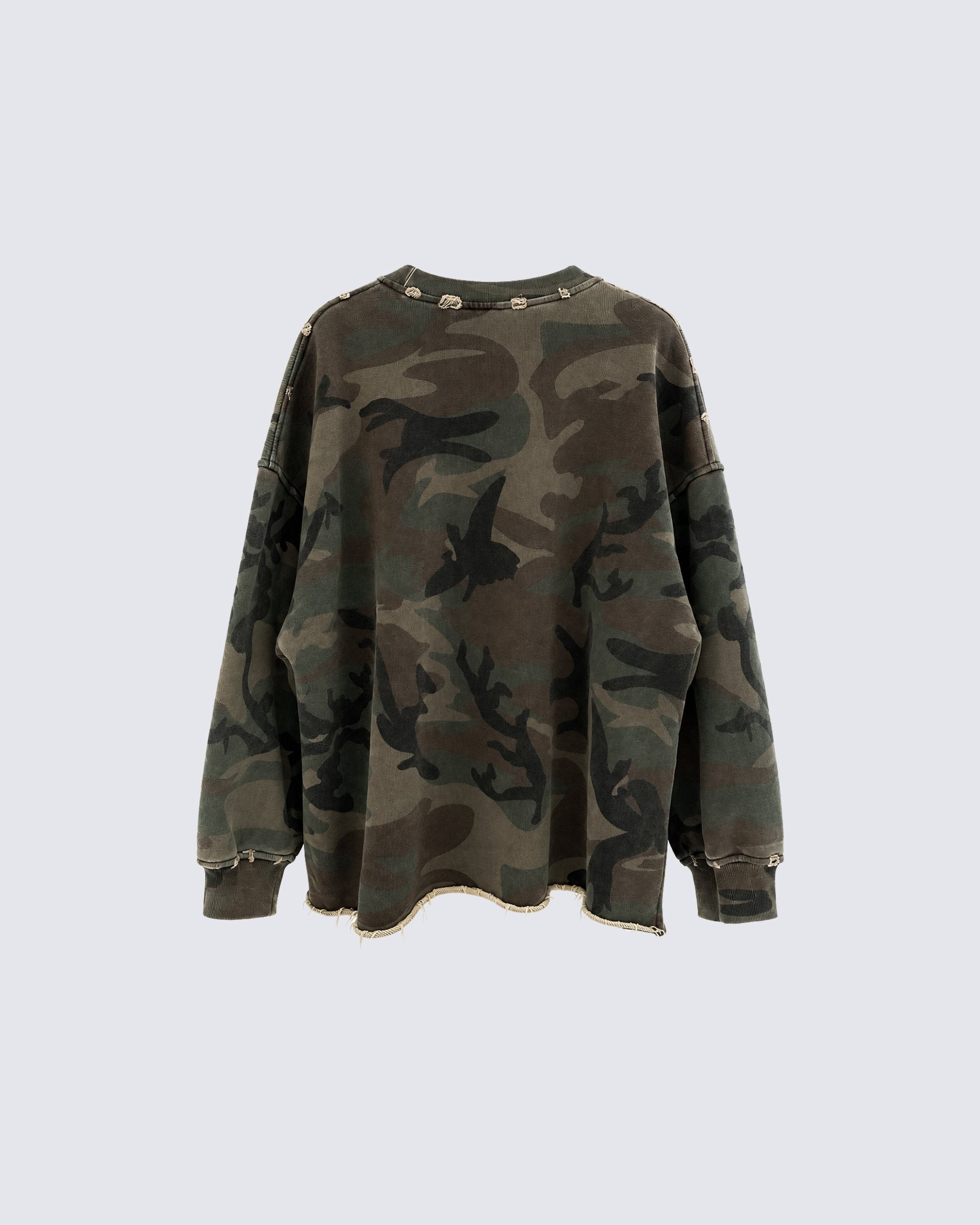 GRYFT Vintage Distressed Camo Raw Edge Crewneck Sweatshirt