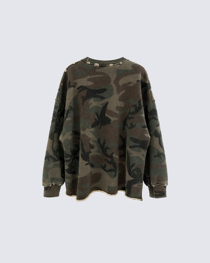 GRYFT Vintage Distressed Camo Raw Edge Crewneck Sweatshirt