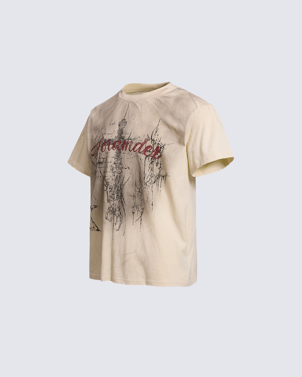 American-Style Distressed Short-Sleeved T-Shirt With Cross Design