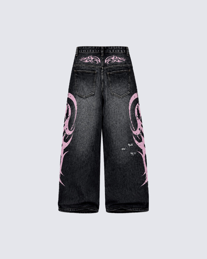 American Retro Style Flame Print Jeans