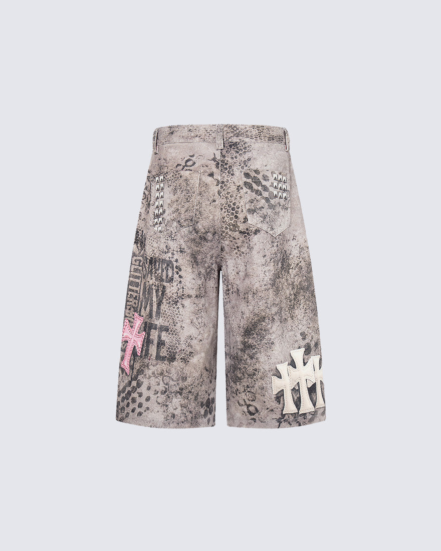 Retro Graphic Spiked Detail Denim Shorts
