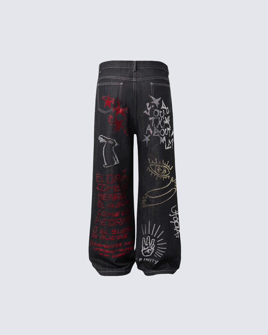 High Street Dark Style Graffiti Embroidered Jeans