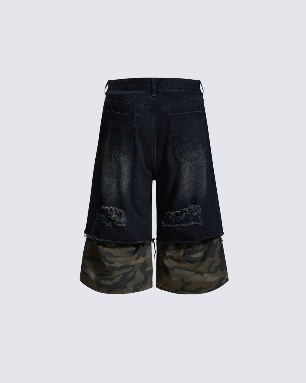American-Style Ripped Camouflage Faux Two-Piece Denim Capri Pants