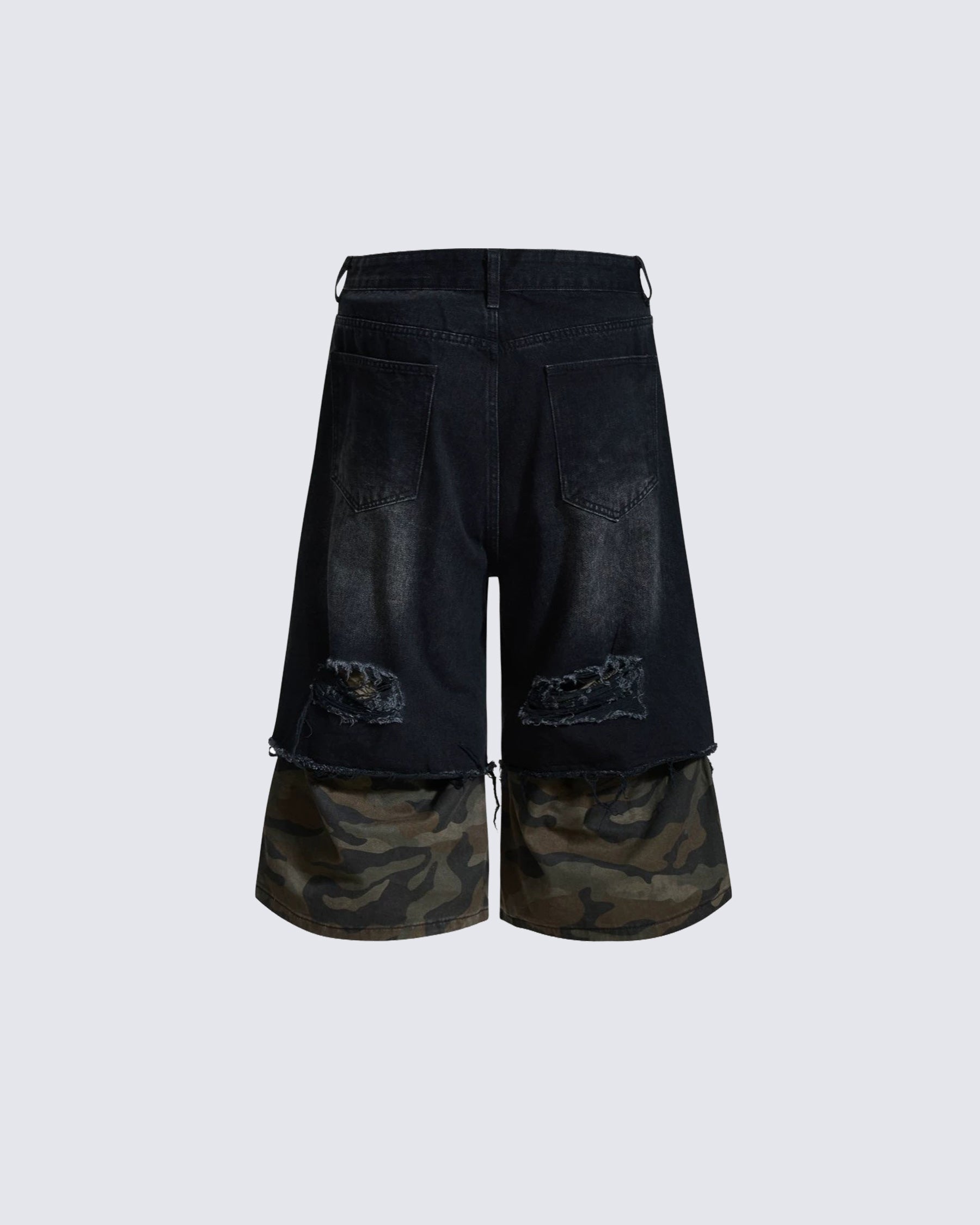 American-Style Ripped Camouflage Faux Two-Piece Denim Capri Pants