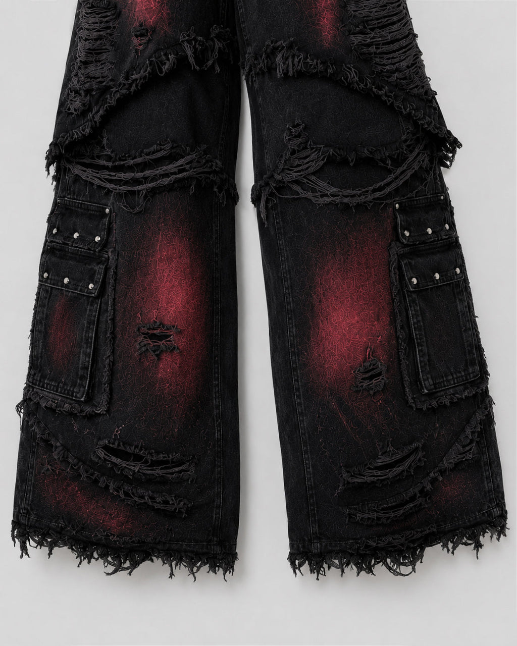GRYFT Gradient Red Frayed Cargo Wide Leg Denim Pants