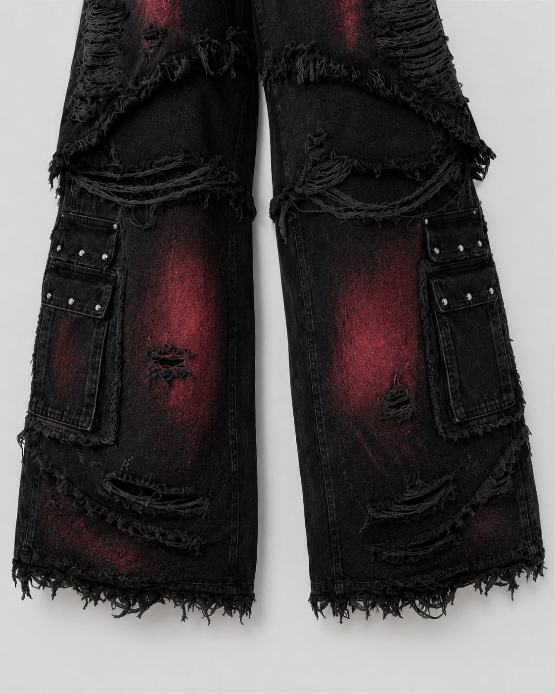 GRYFT Gradient Red Frayed Cargo Wide Leg Denim Pants