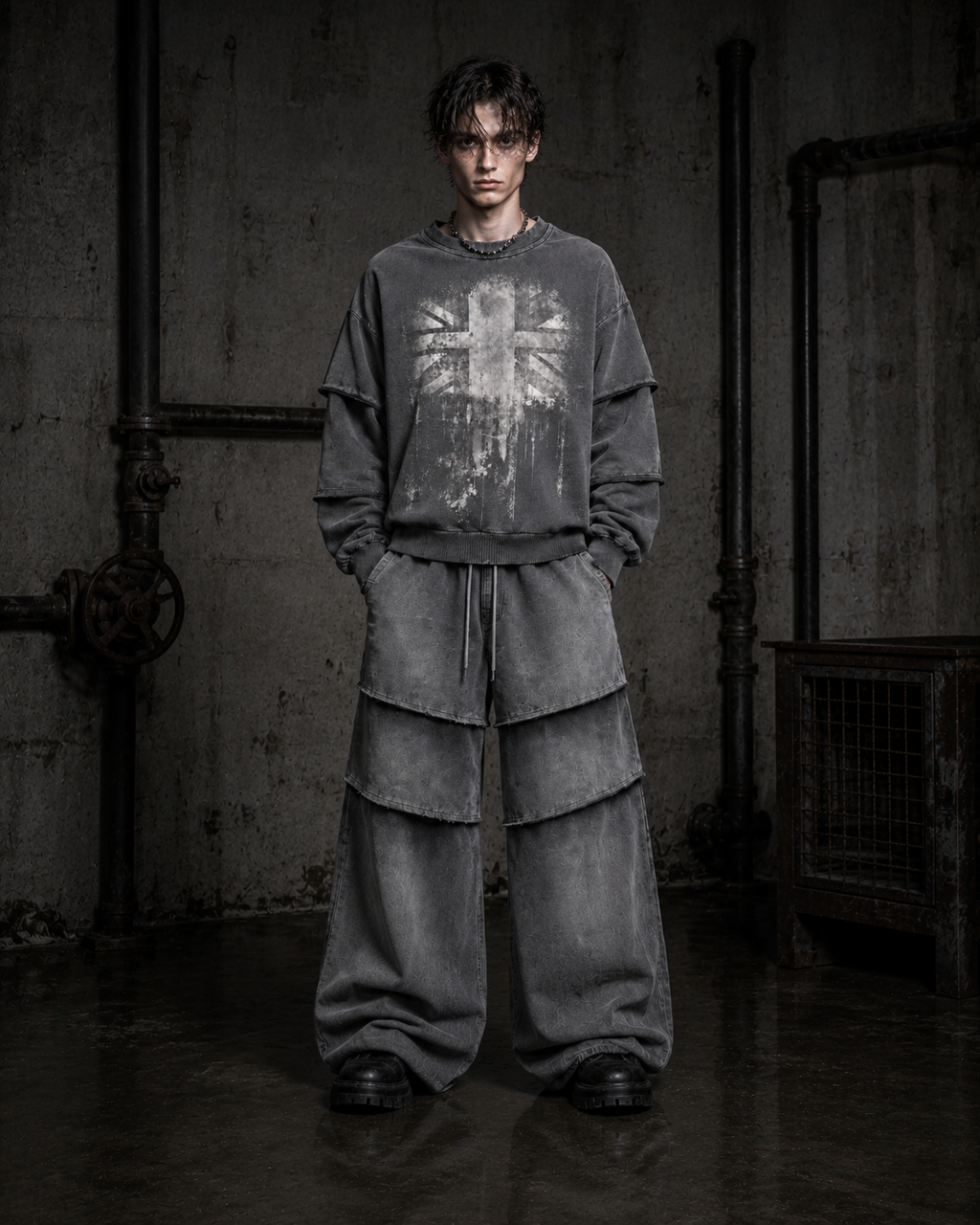 GRYFT Washed Layered Sleeve Graphic Sweatshirt