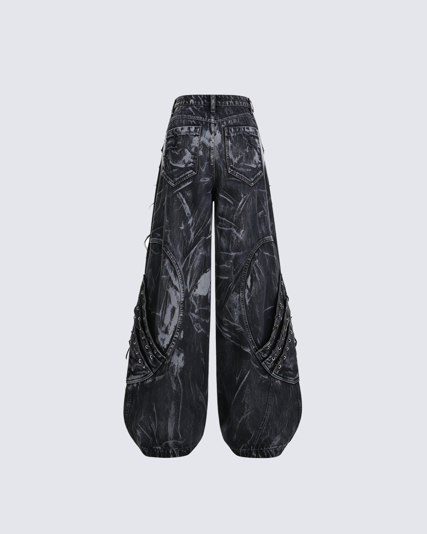 Vintage Washed Patchwork Lace-Up Wide Jeans