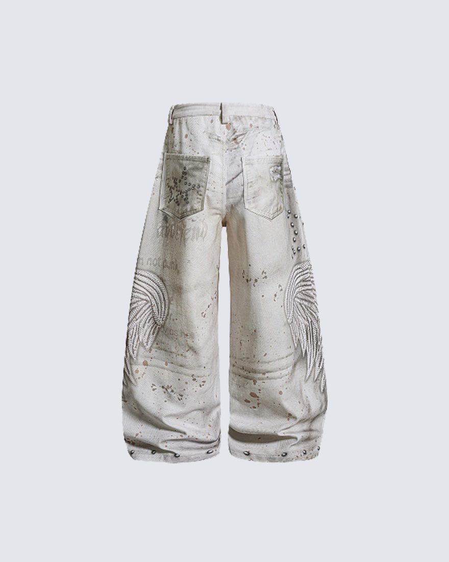 Vintage Studded Embroidered Wide-Leg Jeans