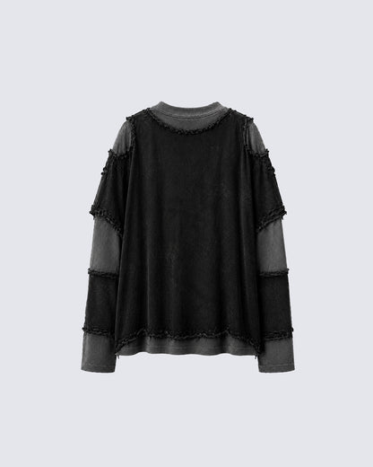 GRYFT Two-Tone Raw Edge Patchwork Layered Long Sleeve Tee