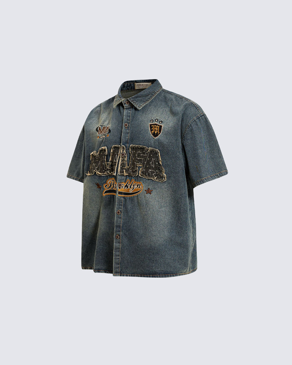 Vintage Distressed Denim Short-Sleeved Shirt