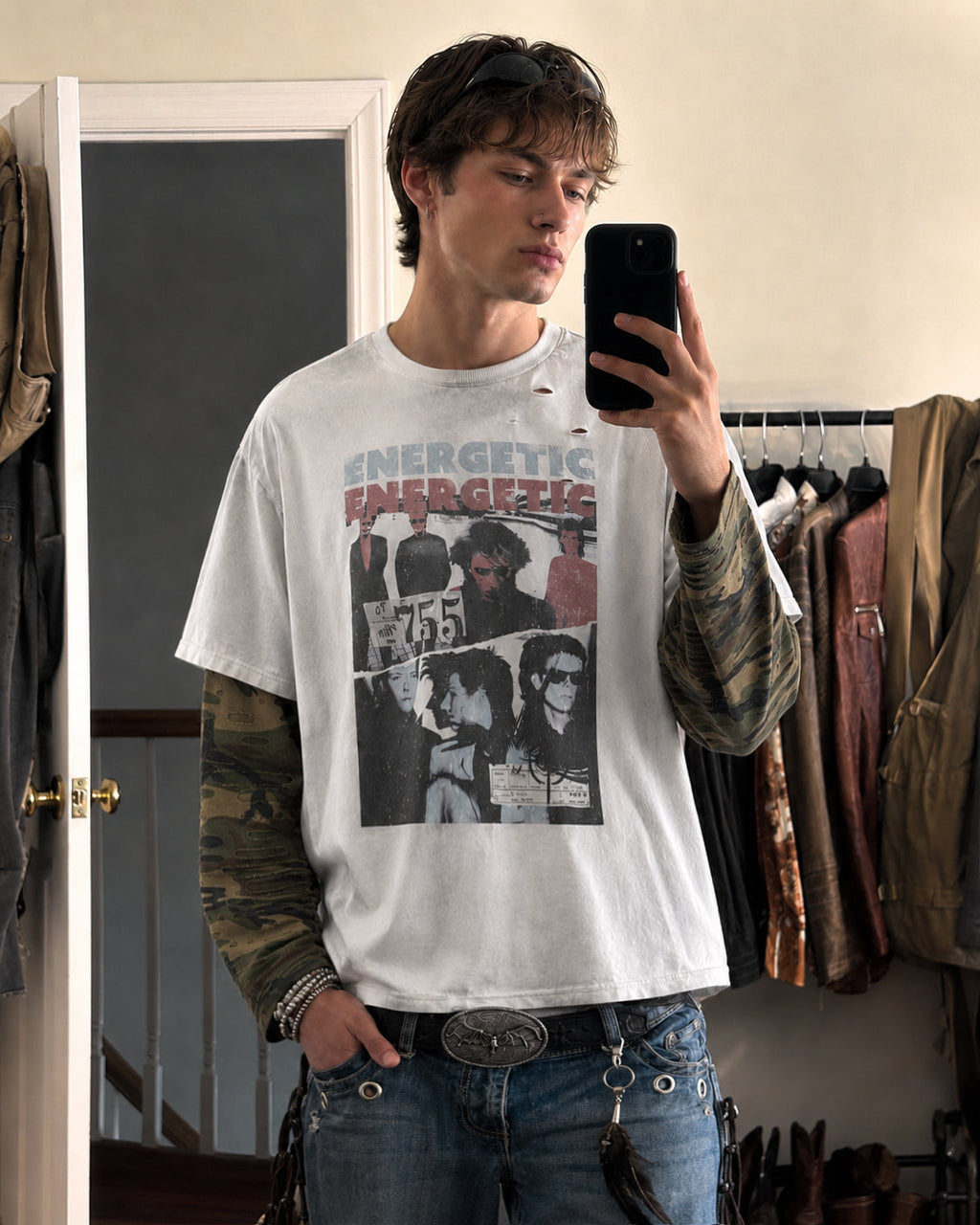 American-Style Distressed Camouflage "Faux-Layered" T-Shirt