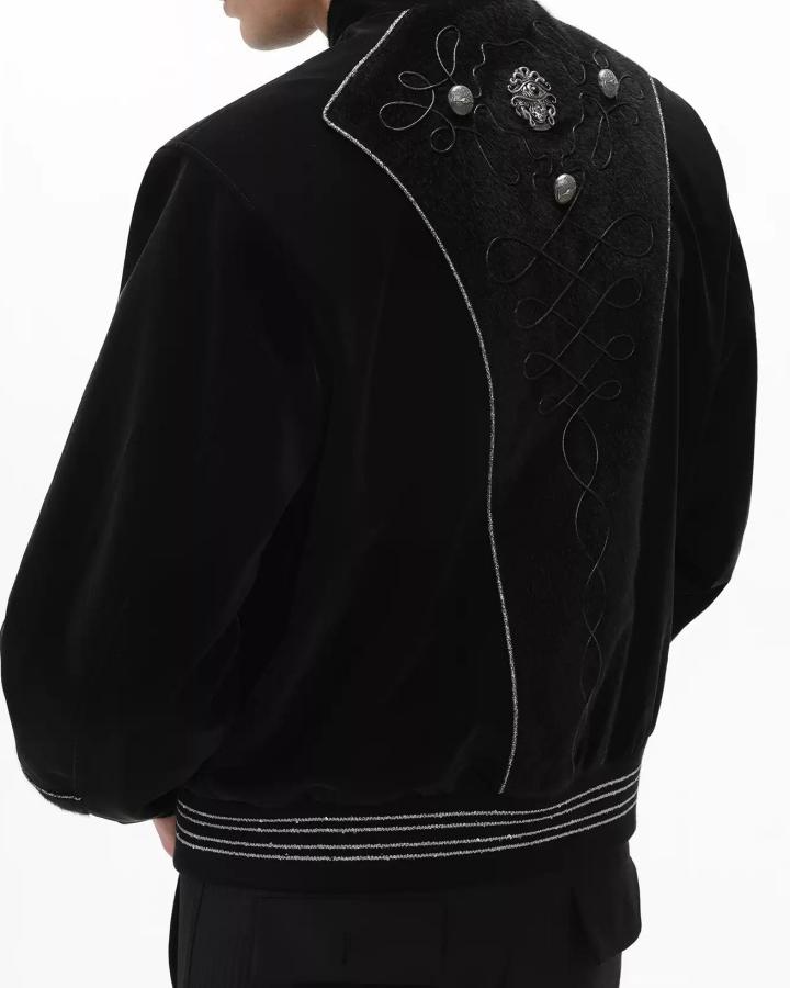 GRYFT Vintage Dark Palace Braided Silver‑Button Bomber Jacket