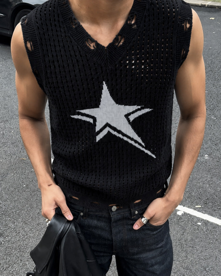 GRYFT Distressed Star Open-Knit Sweater Vest