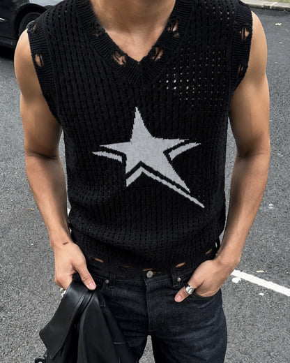 GRYFT Distressed Star Open-Knit Sweater Vest