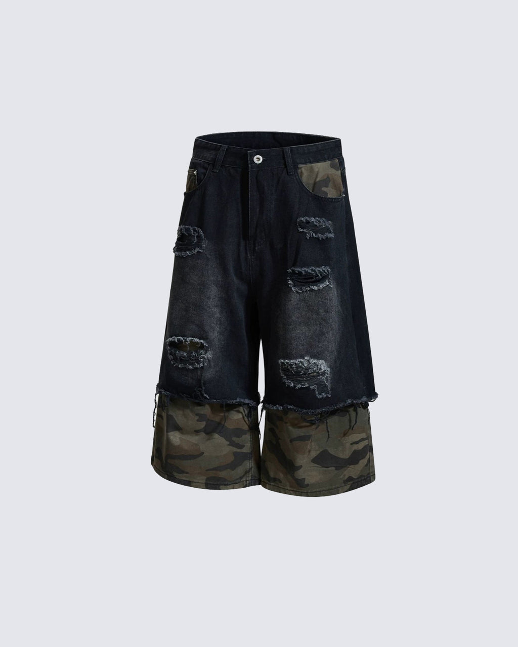 American-Style Ripped Camouflage Faux Two-Piece Denim Capri Pants