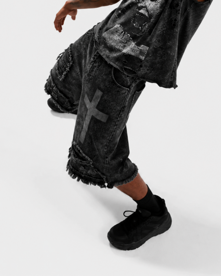 GRYFT Distressed Cross Graphic Denim Shorts