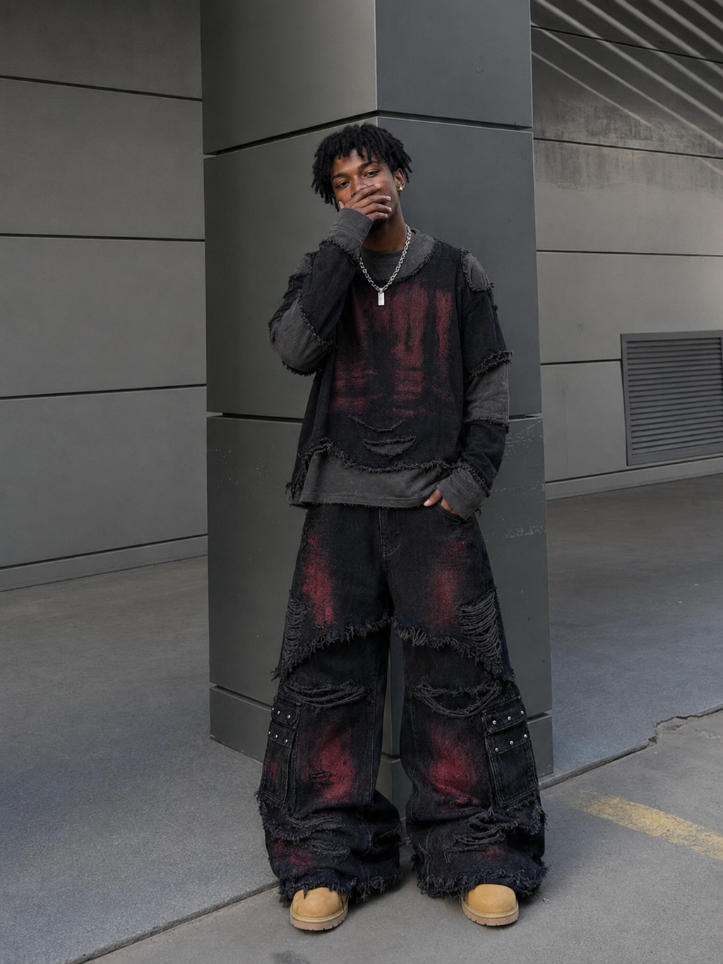 GRYFT Gradient Red Frayed Cargo Wide Leg Denim Pants