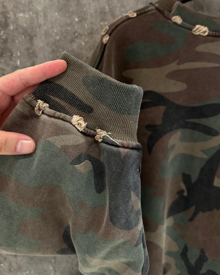 GRYFT Vintage Distressed Camo Raw Edge Crewneck Sweatshirt