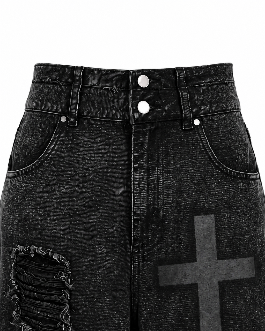 GRYFT Distressed Cross Graphic Denim Shorts