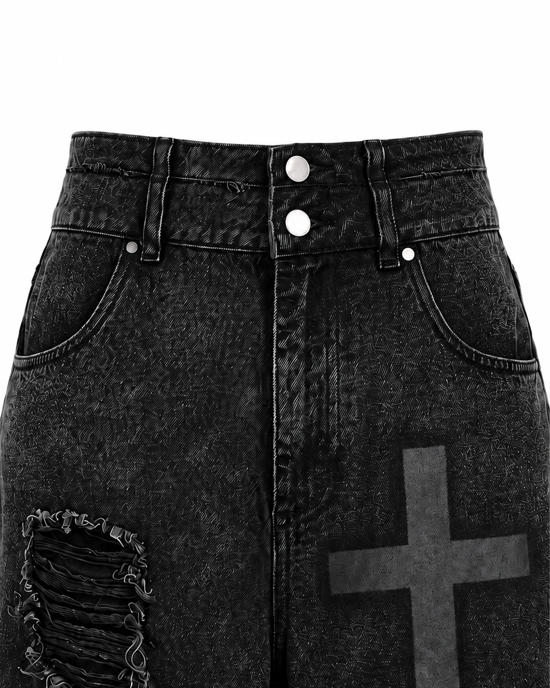 GRYFT Distressed Cross Graphic Denim Shorts