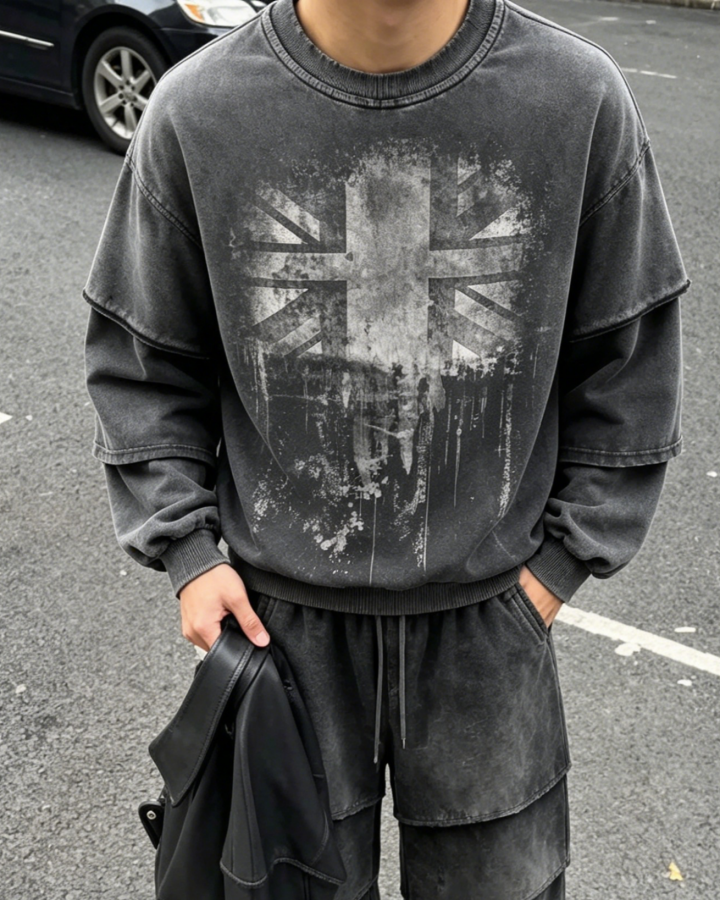 GRYFT Washed Layered Sleeve Graphic Sweatshirt