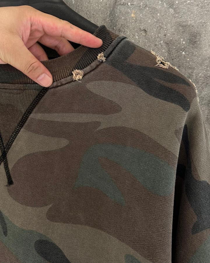 GRYFT Vintage Distressed Camo Raw Edge Crewneck Sweatshirt