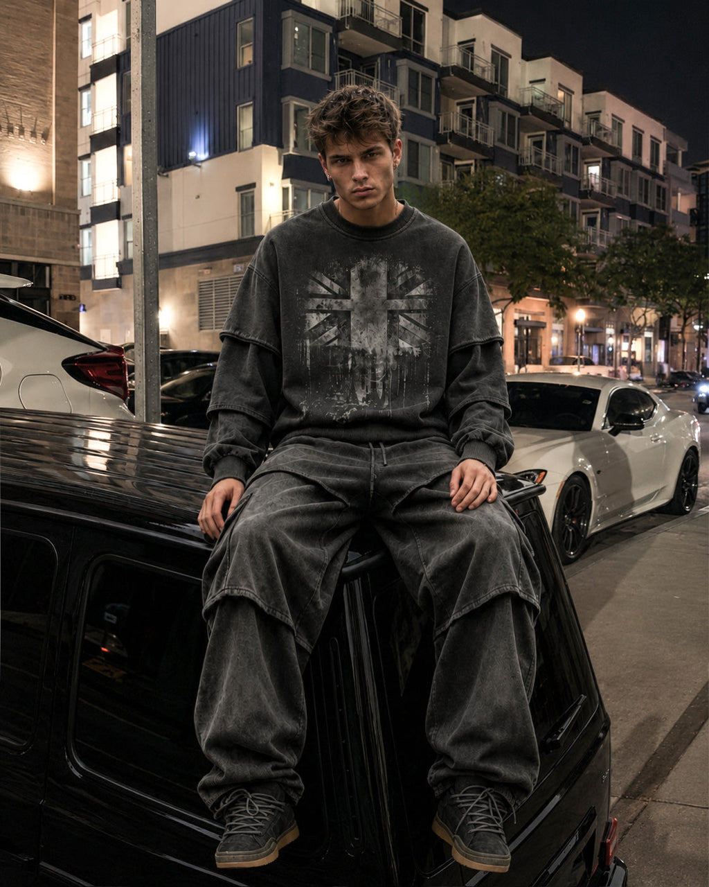 GRYFT Washed Layered Sleeve Graphic Sweatshirt