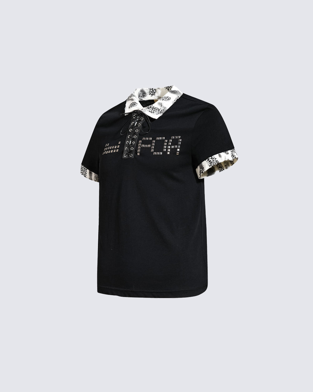 American Retro Leopard Print Metallic Stud Letter T-Shirt