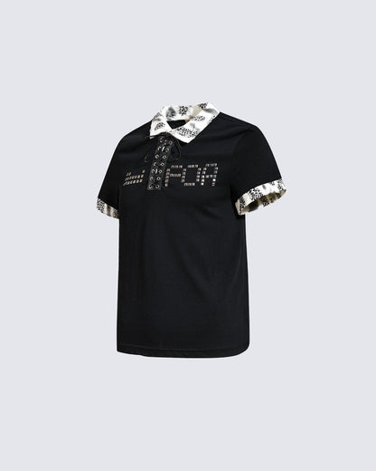 American Retro Leopard Print Metallic Stud Letter T-Shirt